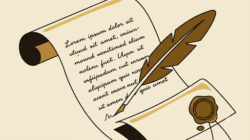 A hand-written scroll with a quill and wax seal