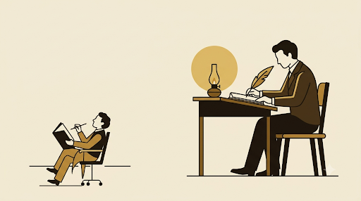 A writer at his desk by lamplight, an apprentice reading nearby