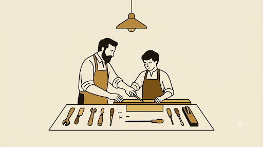 A master and apprentice at a workbench